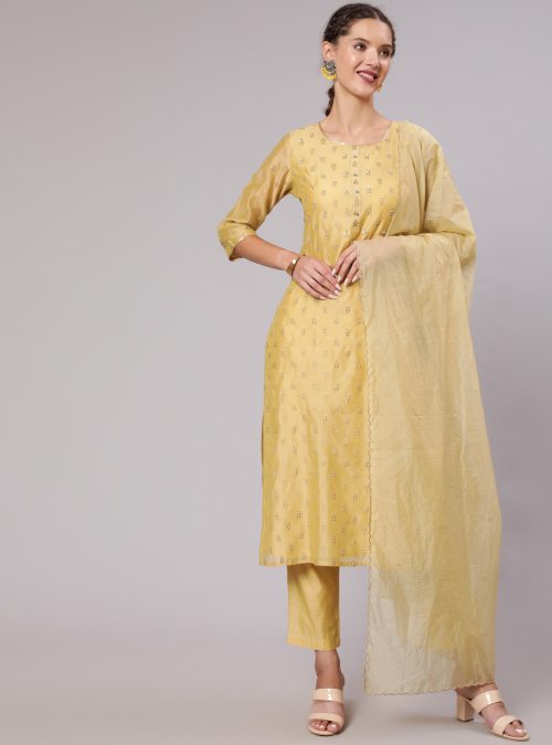 Gold Print Embellished Chanderi Kurta With Trousers And Kota Tissue Dupatta