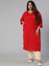 Red Cotton Pin Tucks Straight Kurta With Pants