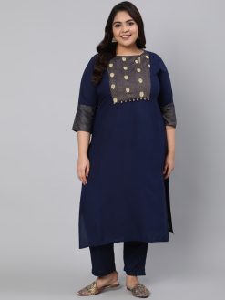 Navy Blue Printed Kurta With Trousers