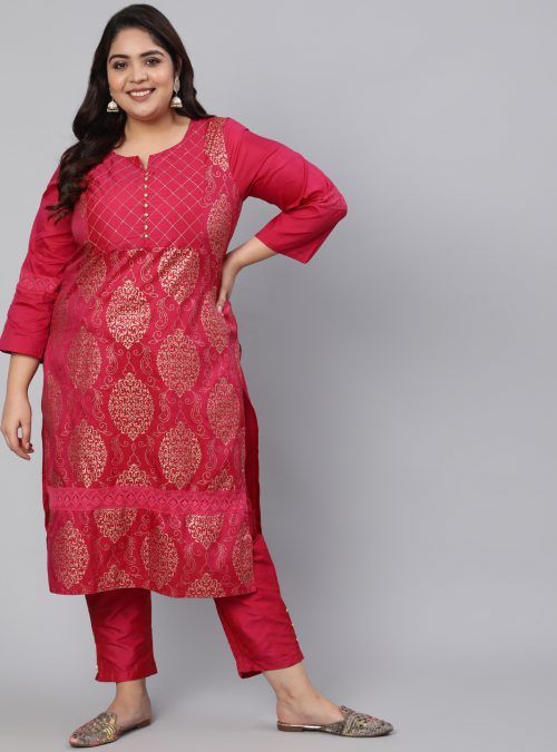Pink Printed Straight Thread And Lace Work Kurta With Pants