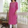 Magenta Ethnic Printed Straight Rayon Kurta With Embroidered Yoke And Cotton Pants