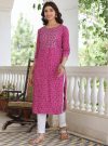 Magenta Ethnic Printed Straight Rayon Kurta With Embroidered Yoke And Cotton Pants