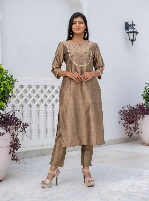 A Straight Embroidered Silk Kurta With Pant.
