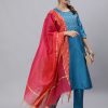 A Straight Solid Turquoise silk Blend Kurta With Pants And Chanderi Dupatta