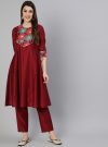 Maroon Chanderi Embroidered A-Line PrincessCut Kurta With Pants