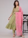 Green Ethnic Printed Gota Embellished Anarkali Suit With Pants And Tie And Dye Dupatta.