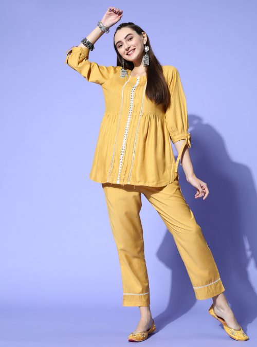 A Mustard Self Weave Rayon Co-Ords Set With A Round Neck Laced Top And A Solid Mustard Self Weave Rayon Pant