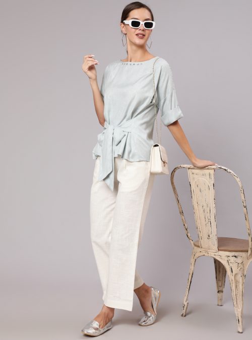A Light Blue Color Self Weaved With Cotton White Flared Pants