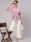 A Mauve Color Self Weaved Embellished Top With Cotton White Flared Pants.