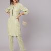 A Green Self Weave Rayon Co-Ords Set With Embroidered Kurta And Pants