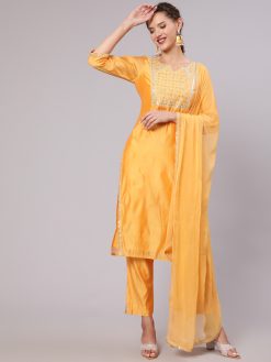 Women Orange Chanderi Embroidered Kurta With Trousers And Chiffon Dupatta