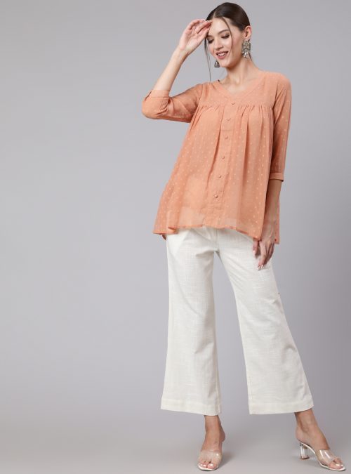 Peach Chiffon Dobby Gathered Top With White Flared Cotton Pants