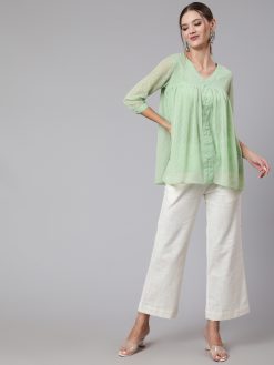Green Chiffon Dobby Top With White Flared Cotton Pants