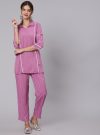 Magenta Self Weave Rayon Co-Ords Set Has Embroidred Top And Trouser