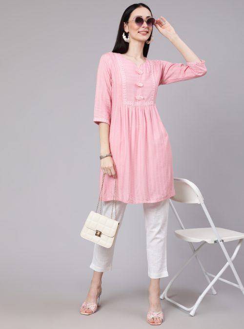 Pink Self Weave Pleated, LacedUp And Gathered Short Kurta With White Straight Fit Trouser