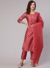Gold Print Embellished Chanderi Red Kurta With Trousers And Kota Tissue Dupatta