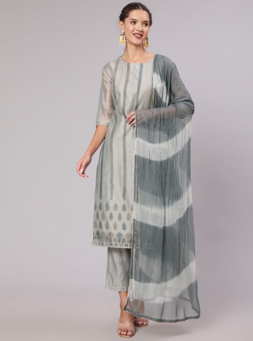 Grey Chanderi Printed Kurta With Solid Chanderi Pant And Tie & Dye Dupatta With Lace