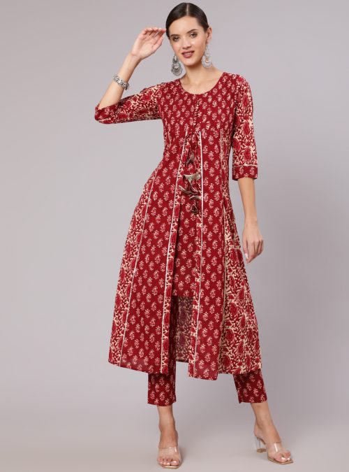 Maroon Cotton Printed Embellished A-Line Flared Kali Kurta With Pants