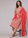 A Peach Printed Cotton Embellished Anarkali Suit With Pants And Crushed Cotton Dupatta.