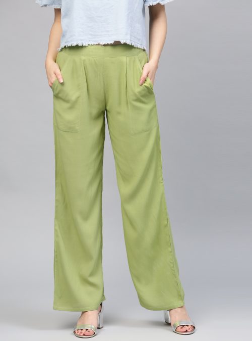 Women Green Solid Rayon Palazzo