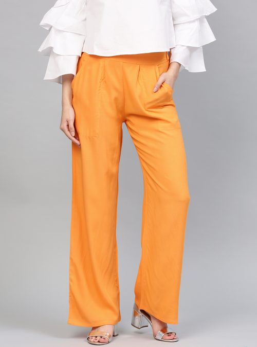 Women Mustard Solid Rayon Palazzo