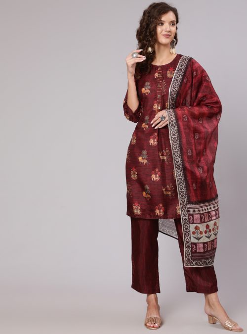 Women Maroon Tussar Silk Printed Kantha Work Kurta With Palazzo And Kota Doria Dupatta