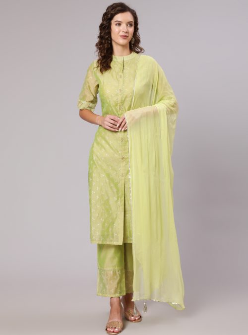 Women Embossed Gold Print Embellished Gota Chanderi Kurta With Palazzo And Dupatta