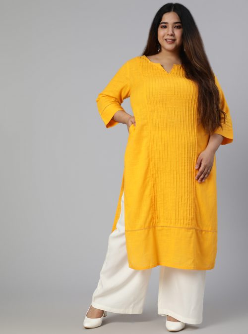 Mustard Cotton Pin Tucks Straight Kurta With Palazzo