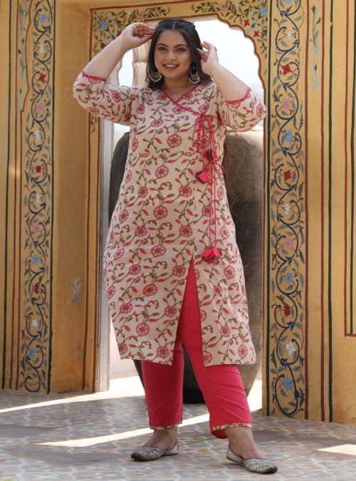 A Women Beige Ethnic Print Embroidered Cotton Angrakha Style Kurta With Palazzo