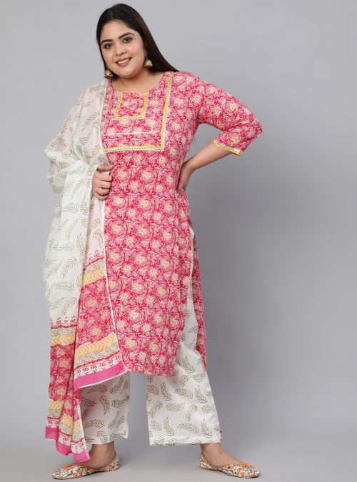 Pink & Cream Coloured Printed Kurta With Trousers & Dupatta