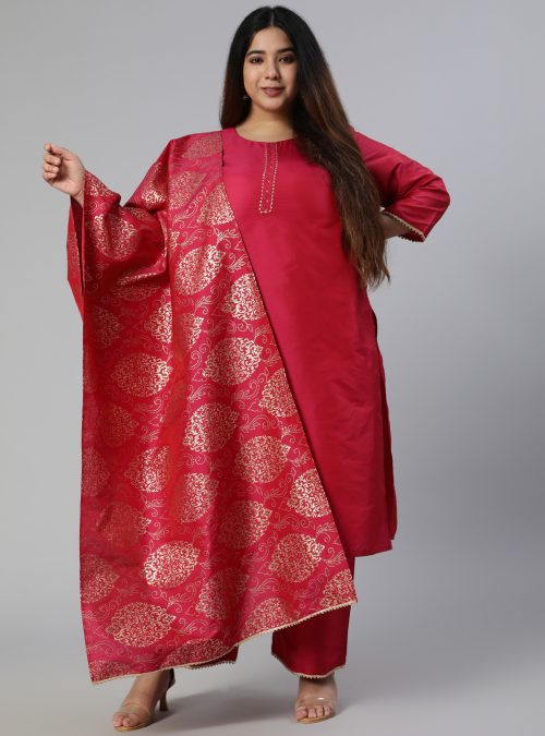 Pink Solid Straight Kurta With Gotta Work On Palazzo & Printed Dupatta