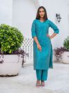 A Straight Turquoise Embroidery Kurta With Palazzo