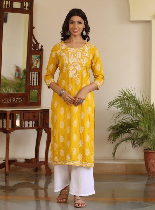 Women Mustard Heavy Embroidered Khadi Print Straight Kurta With White Rayon Palazzo