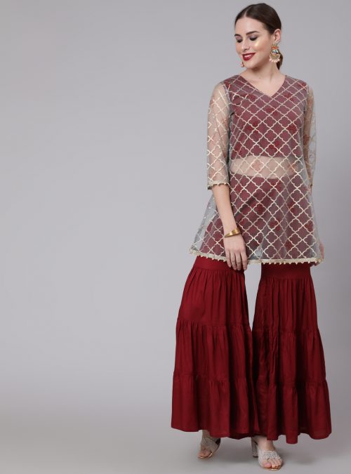 Gold Embellished A-Line Kurta With Rayon Maroon Sharara