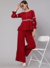 A Red Color Embroidered Lycra Georgette Textured Co-Ords Set With Top And Palazzo