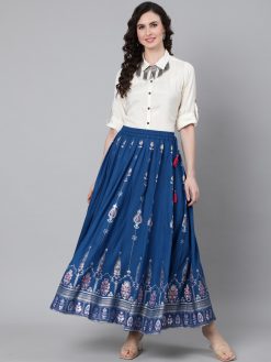 Blue Gold Khadi Printed Maxi Flared Skirt
