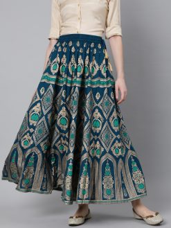 Turquoise Blue Ethnic Printed Maxi Flared Skirt
