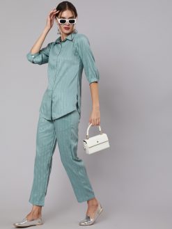 Sea Green Sequence Embellished Shirt With Embellished Pants Co-Ord Sets