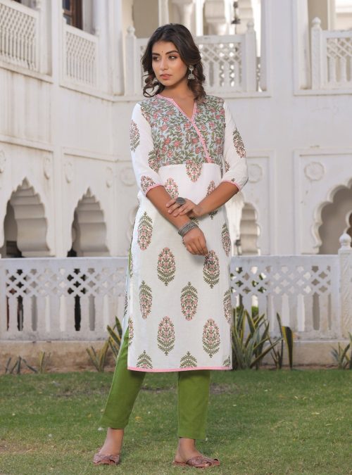 Off White Printed Straight Kurta With Pant.