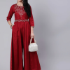 Maroon Silk Blend Embroidered Kali Jumpsuits With