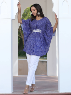 A Blue Embroidered Printed Muslin Kaftan Top With Straight Fit Trouser