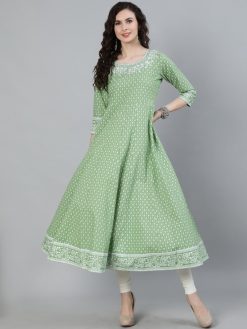 Green Printed Anarkali Kurta With Embroidered Yoke