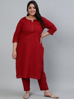 Maroon Embroidered Detail Solid Straight Kurta With Pants