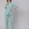 Green Textured Georgette Co-Ords Set Has Embellished With Button And Over Lapped Shirt With Pants