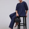 Women Navy Blue Solid Viscose Gathered Top With Palazzo
