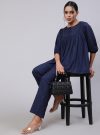 Women Navy Blue Solid Viscose Gathered Top With Palazzo