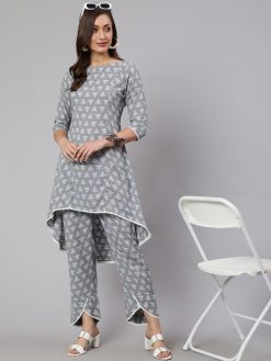 Grey Woven Asymmetric Hemline Printed Kurta With Pants