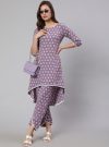 Lavender Woven Asymmetric Hemline Printed Kurta With Pants