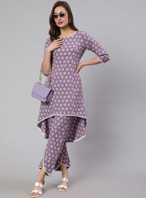 Lavender Woven Asymmetric Hemline Printed Kurta With Pants