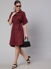 Women Maroon Self Weaved Shirt Collar Dress